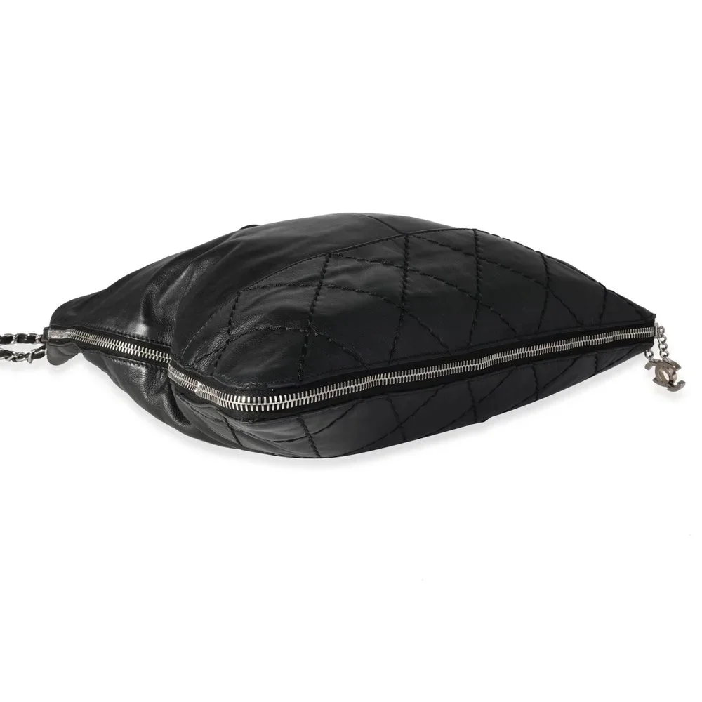 Chanel Black Diamond Stitched Leather Expandable Zip Tote